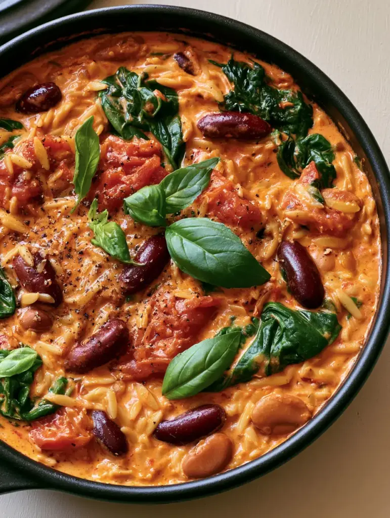 Close up of orange-tinted tomato cream sauce coating Mediterranean Orzo and Beans with fresh basil leaves.