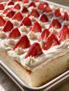 Close up of a thick white sponge cake with smooth whipped cream and precise rows of strawberries. (Strawberry Shortcake Sheet Cake)