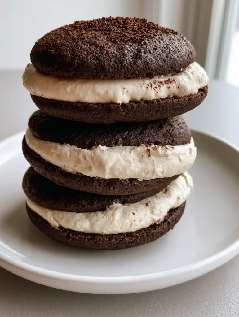 Three Chocolate Coffee Whoopie Pies stacked on a white plate with visible espresso granules on top.