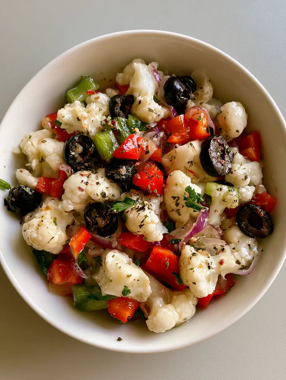 Marinated Cauliflower Salad: The Ultimate Crisp and Zesty Side Dish 4 Close-up of Marinated Cauliflower Salad showing firm white florets and glossy herb-flecked oil vinaigrette.
