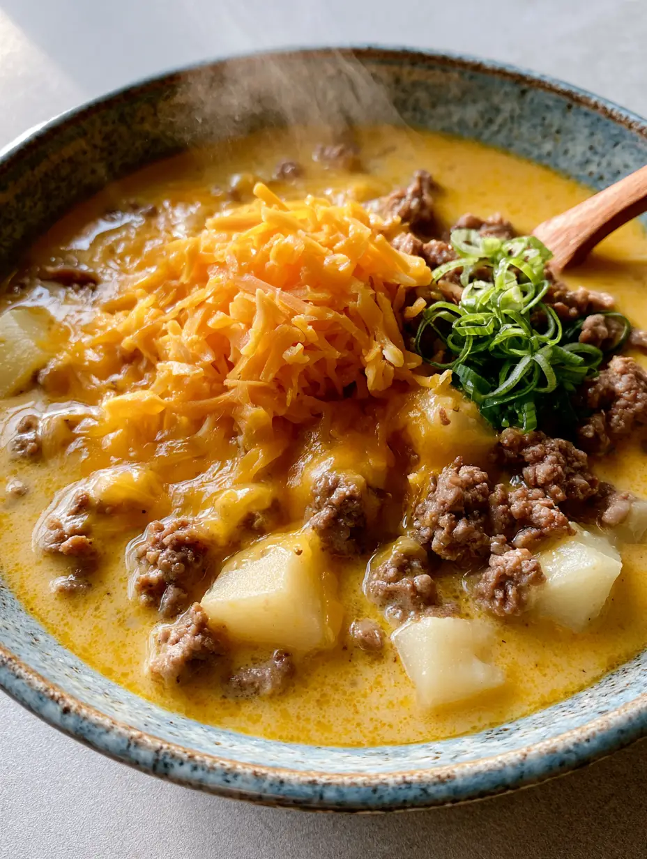 Cheeseburger Soup: The Ultimate Creamy Comfort Food in a Bowl 4 A handheld smartphone photo of hearty Cheeseburger Soup in a rustic ceramic bowl with a wooden spoon.