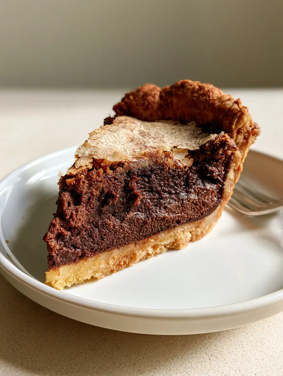 Smartphone photo of a slice of Hot Fudge Pie on a white ceramic plate with a silver fork.