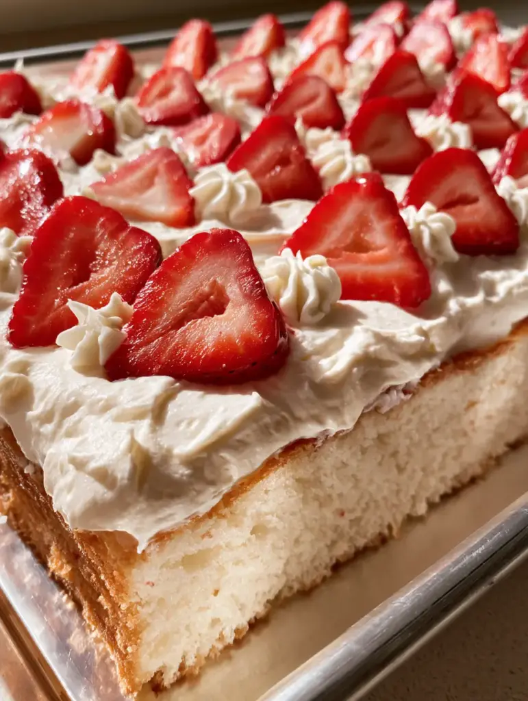 Strawberry Shortcake Sheet Cake with Whipped Cream and Fresh Berries 1 Top down view of a Strawberry Shortcake Sheet Cake showing star-shaped rosettes and glossy berries.