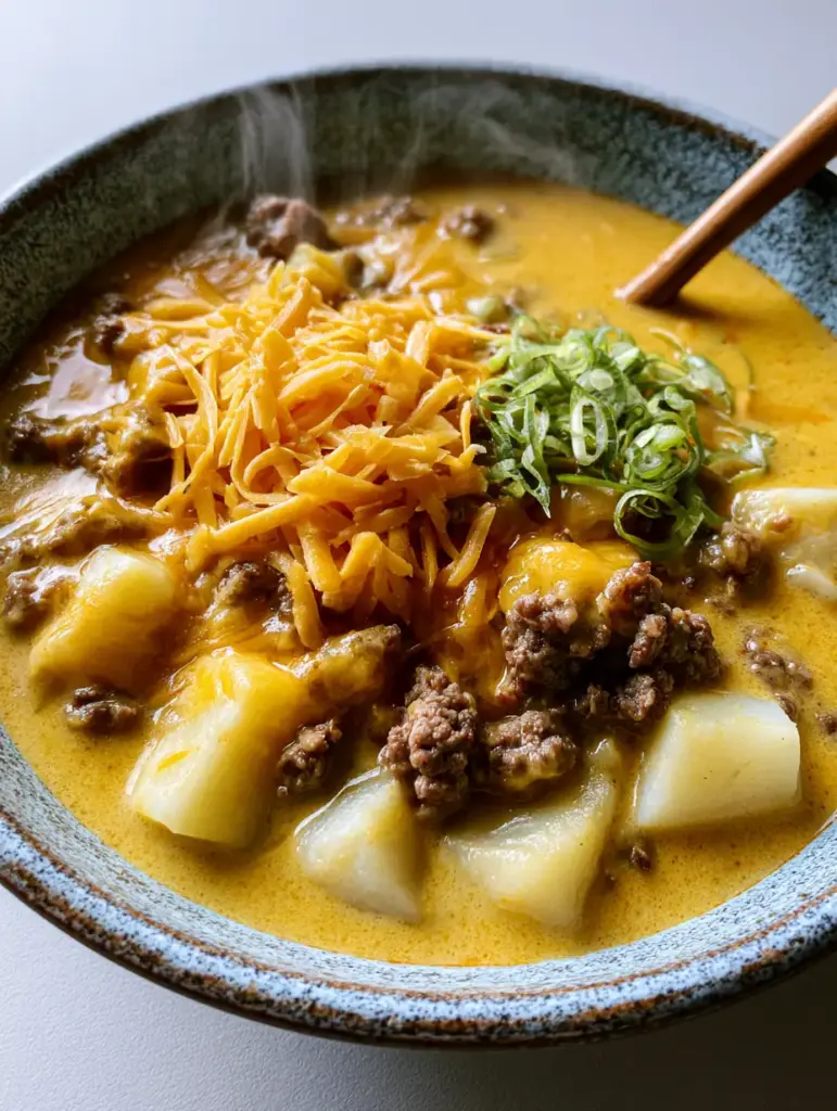 Cheeseburger Soup: The Ultimate Creamy Comfort Food in a Bowl 1 Overhead shot of Cheeseburger Soup showing the textures of browned beef and melting sharp orange cheddar cheese.