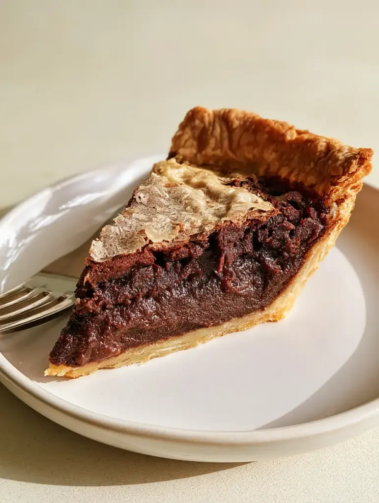 Close up of the texture of Hot Fudge Pie showing the flaky golden crust and dark interior.