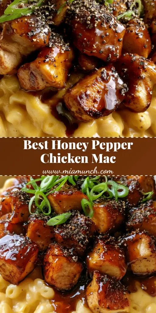 A top-down view of Honey Pepper Chicken Mac and Cheese in a white bowl featuring golden seared chicken and dark amber honey glaze.