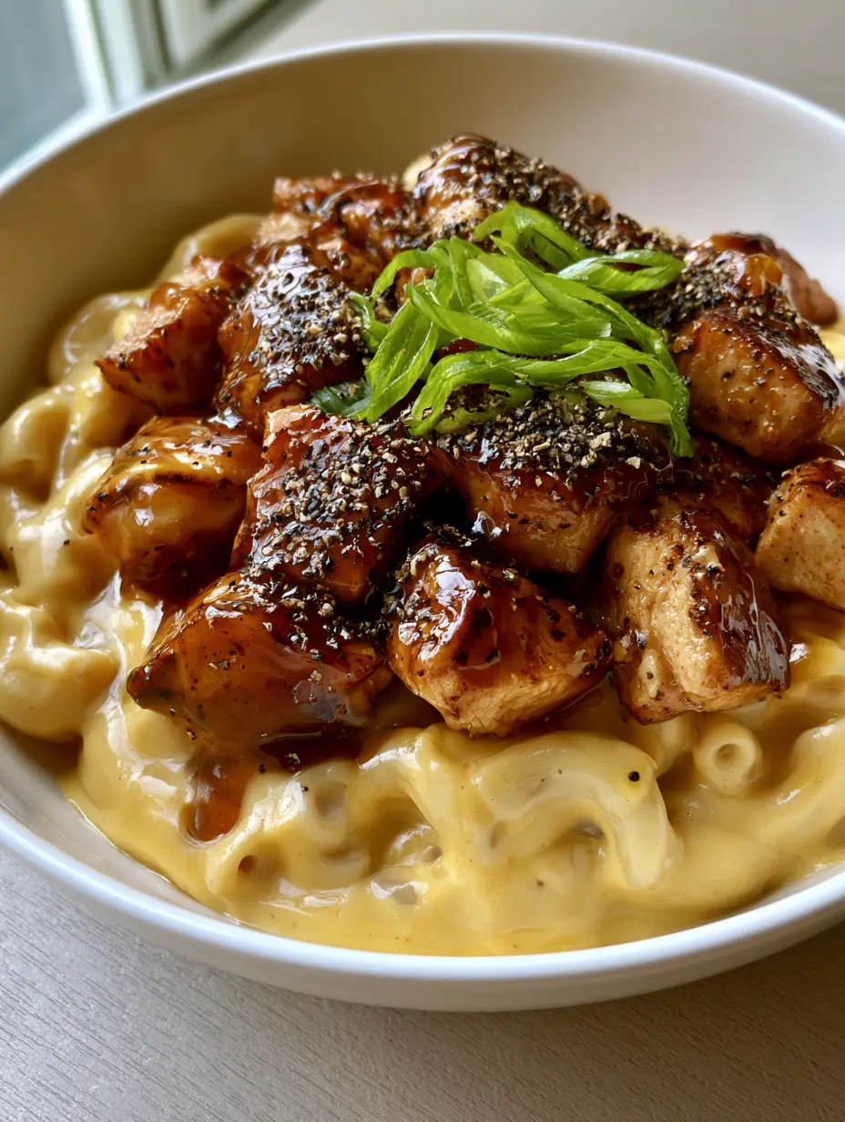 Handheld photo of Honey Pepper Chicken Mac and Cheese showing thick yellow cheese sauce and sticky glazed chicken.