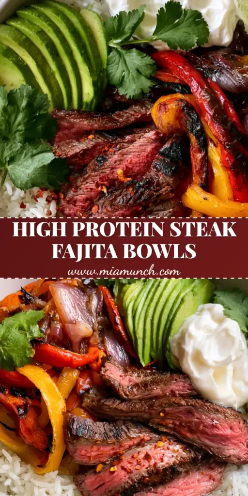 A handheld smartphone photo of Steak Fajita Rice Bowls showing seared flank steak strips, charred peppers, and avocado over white rice.