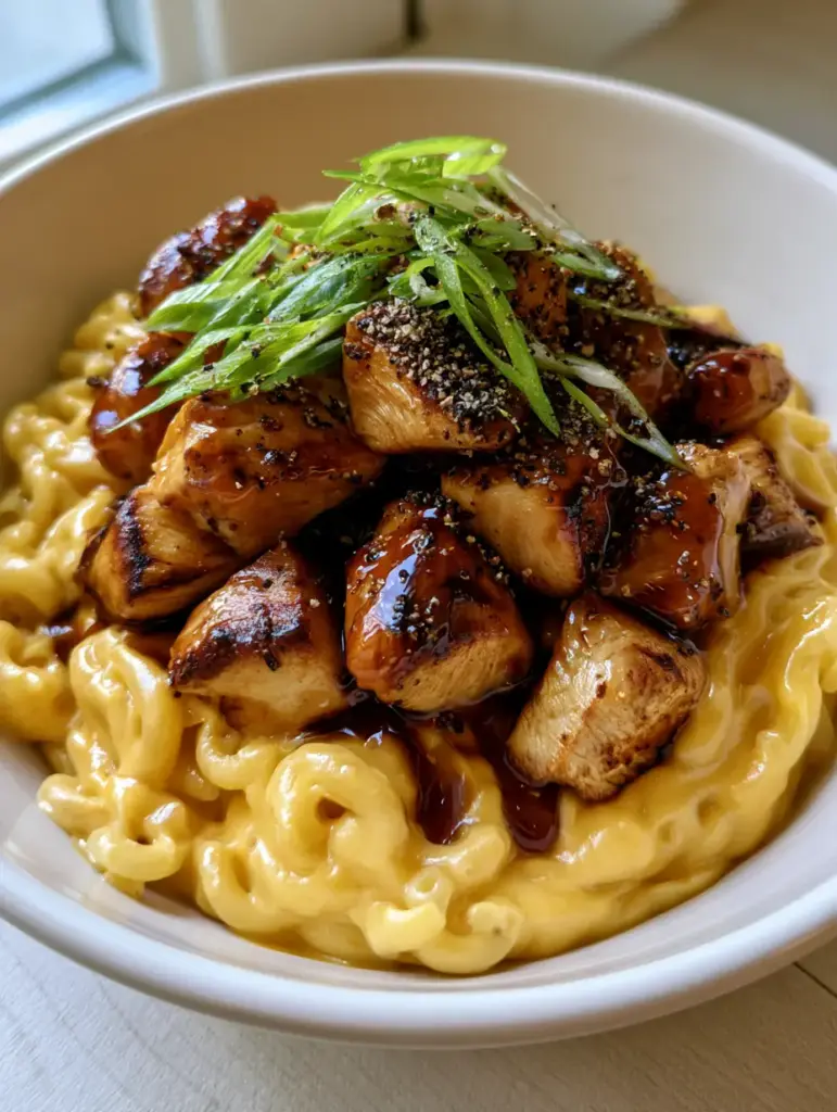 Close up of the amber honey pepper glaze dripping over elbow macaroni and cheese sauce.