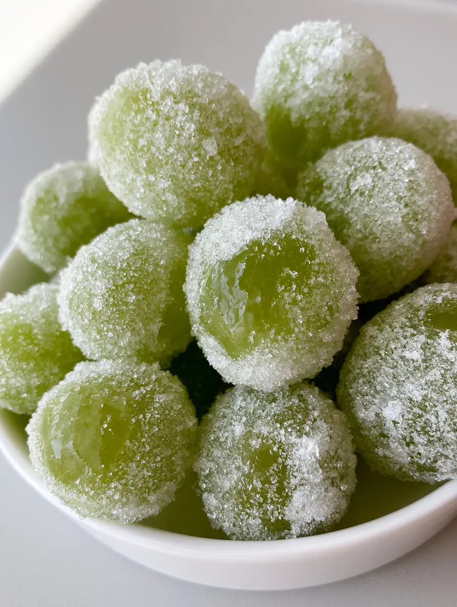 A small white ceramic bowl overflowing with large, plump green Boozy Grapes heavily coated in sparkling granulated sugar.