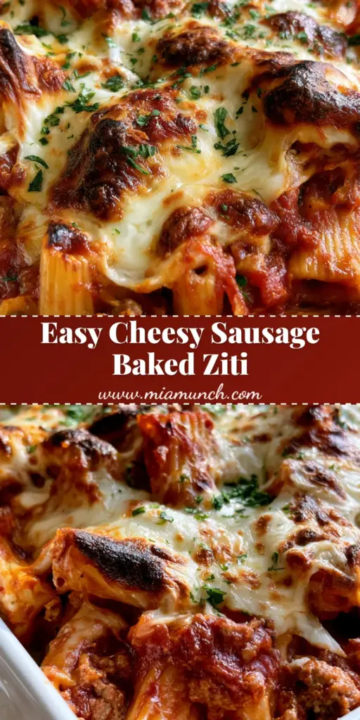A top-down view of Baked Ziti with Italian Sausage in a white dish, featuring melted mozzarella with golden charred spots and fresh parsley.