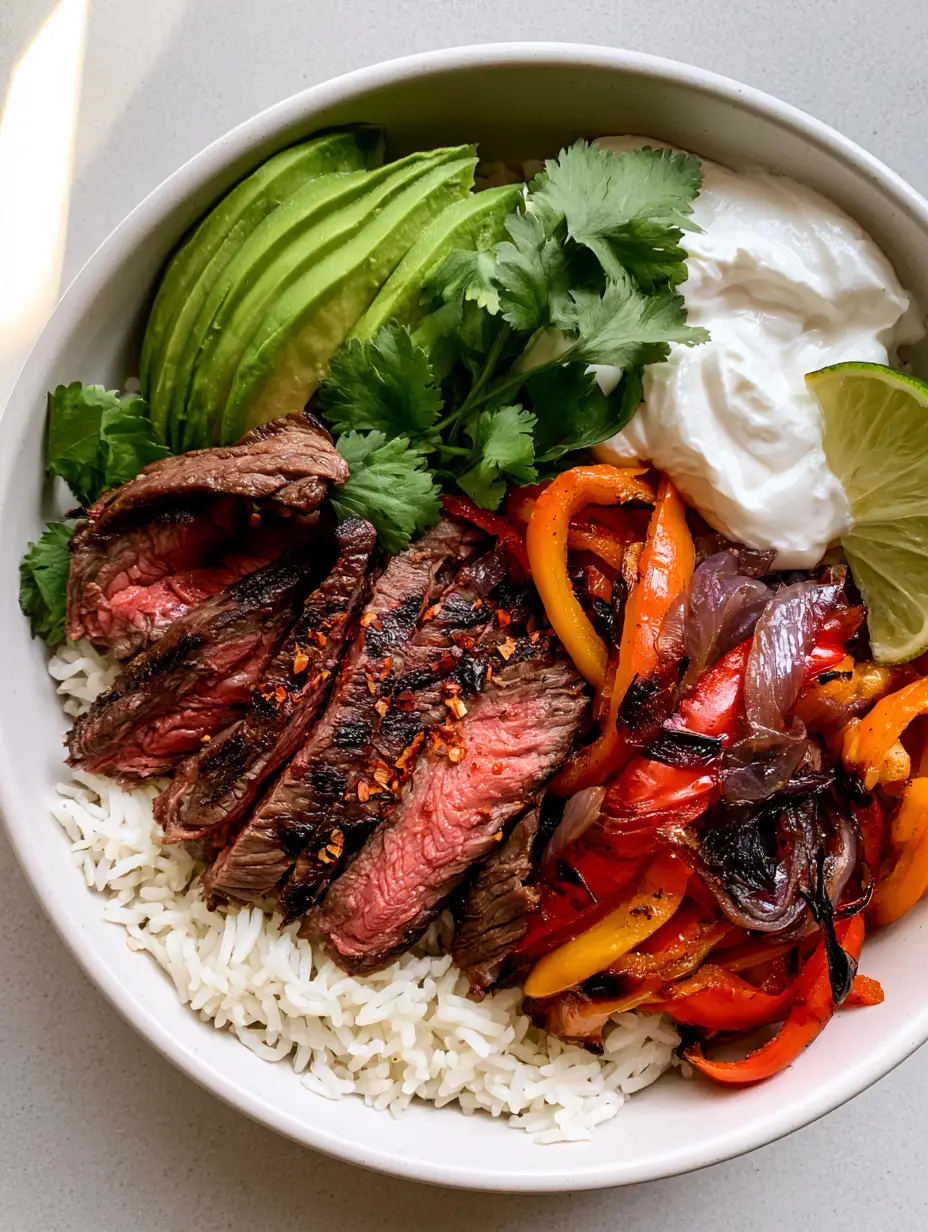 Close-up of seared medium-rare flank steak with grill marks and red pepper flakes in a Steak Fajita Rice Bowl.