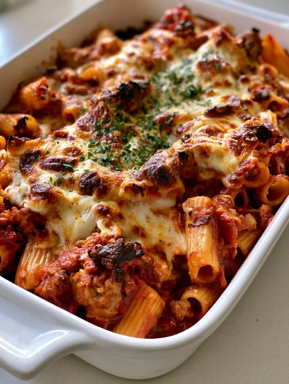 Close-up of Baked Ziti with Italian Sausage showing tubular noodles coated in chunky tomato marinara and melted cheese.