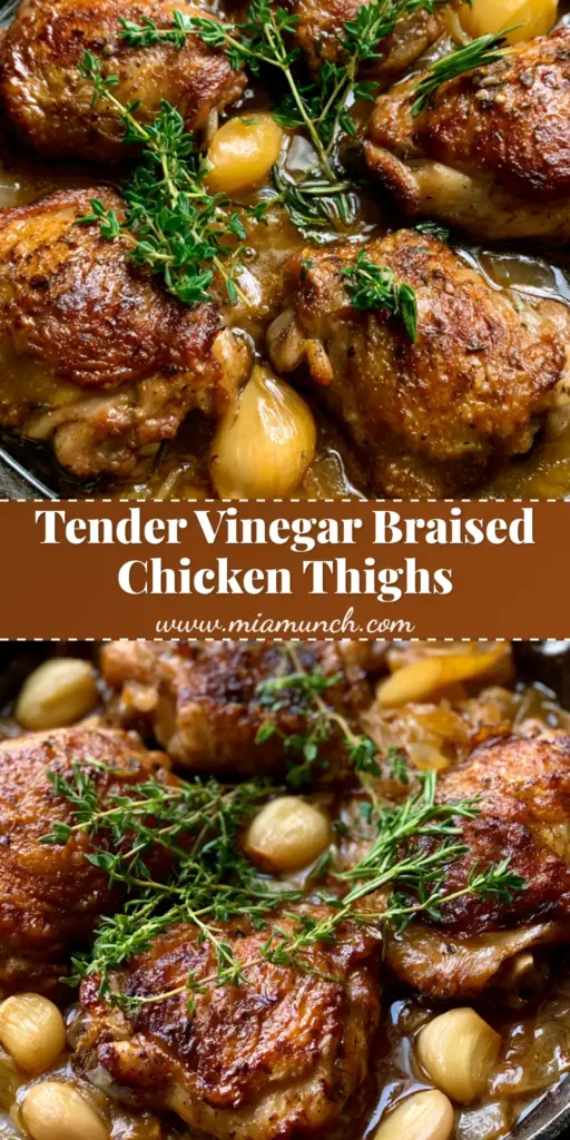 A rustic cast iron skillet containing Apple Cider Vinegar Braised Chicken with golden-brown skin, caramelized onions, and fresh rosemary sprigs.
