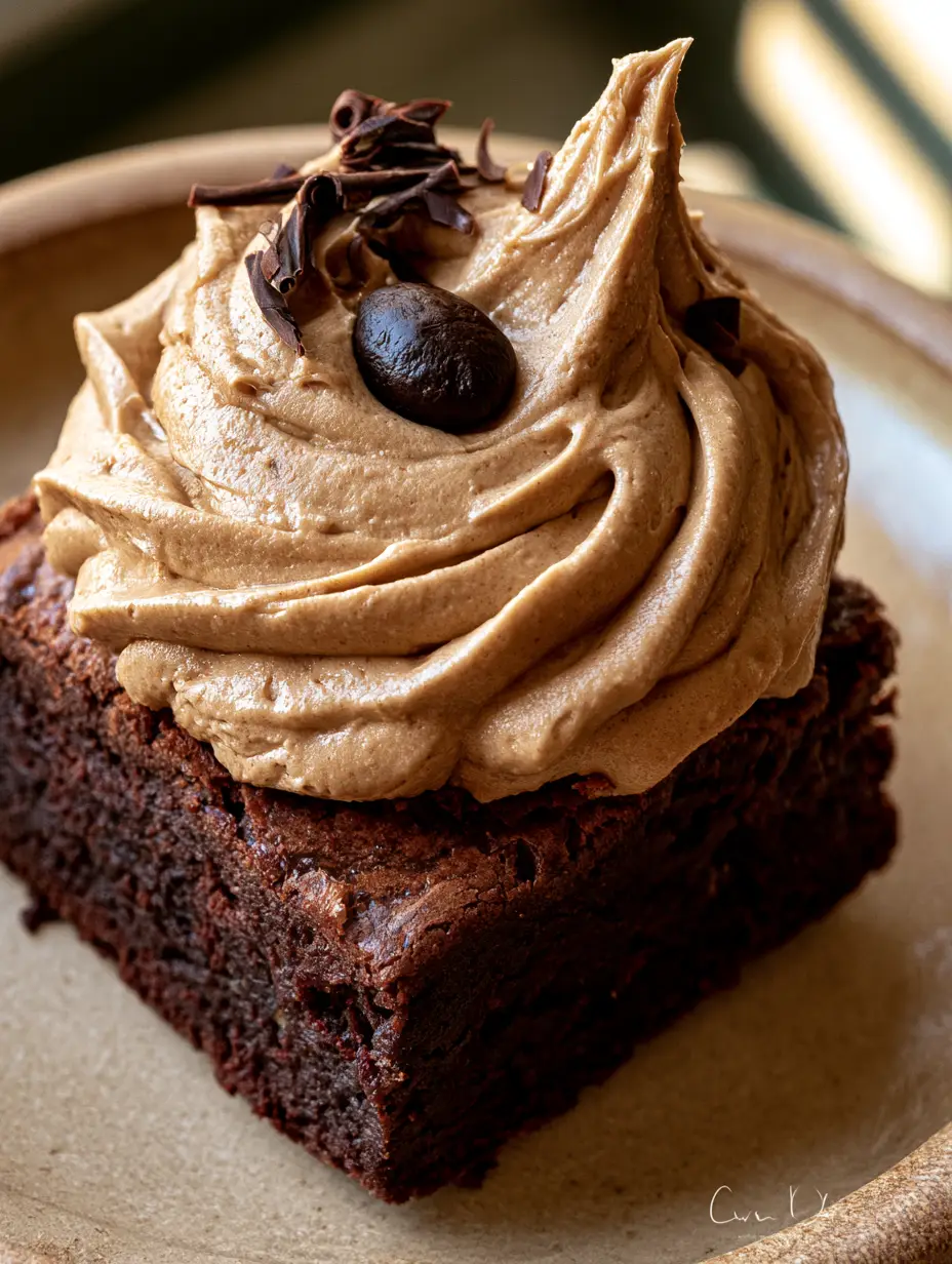 Mocha Frosting Brownies: The Ultimate Fudgy Espresso Dessert 4 High-angle view of a thick mahogany dark chocolate brownie square with swirled mocha frosting and chocolate curls. (Mocha Frosting Brownies)