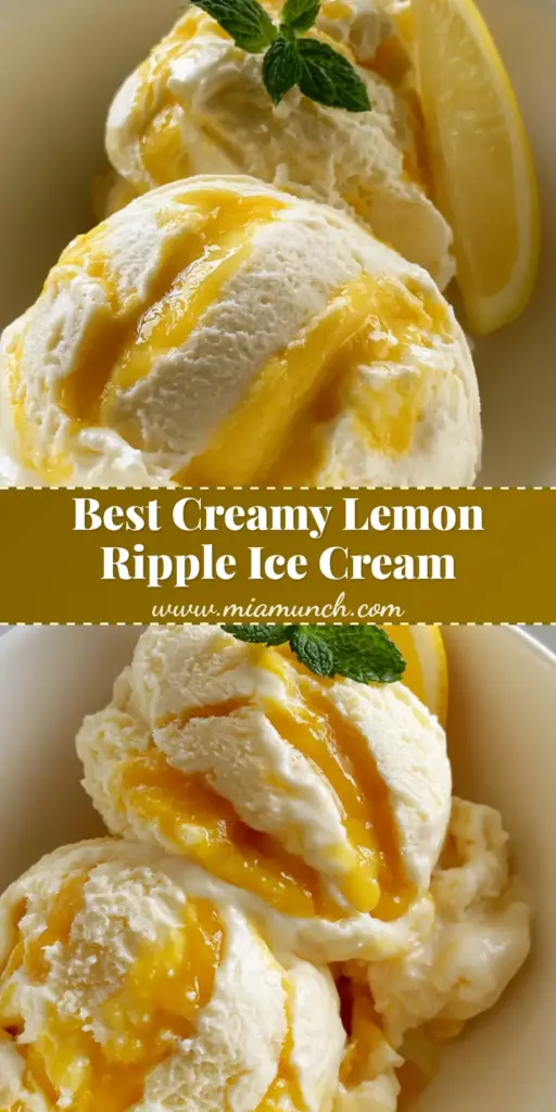 A close-up of Lemon Curd Ripple Ice Cream with two ivory scoops, bright yellow ripples, a mint sprig, and a lemon wedge in a white bowl.