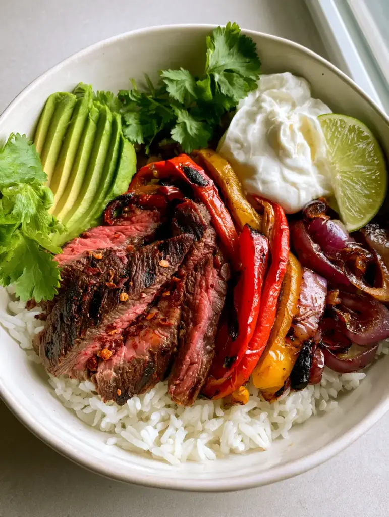 Steak Fajita Rice Bowls featuring charred yellow and red bell peppers, avocado, and sour cream.