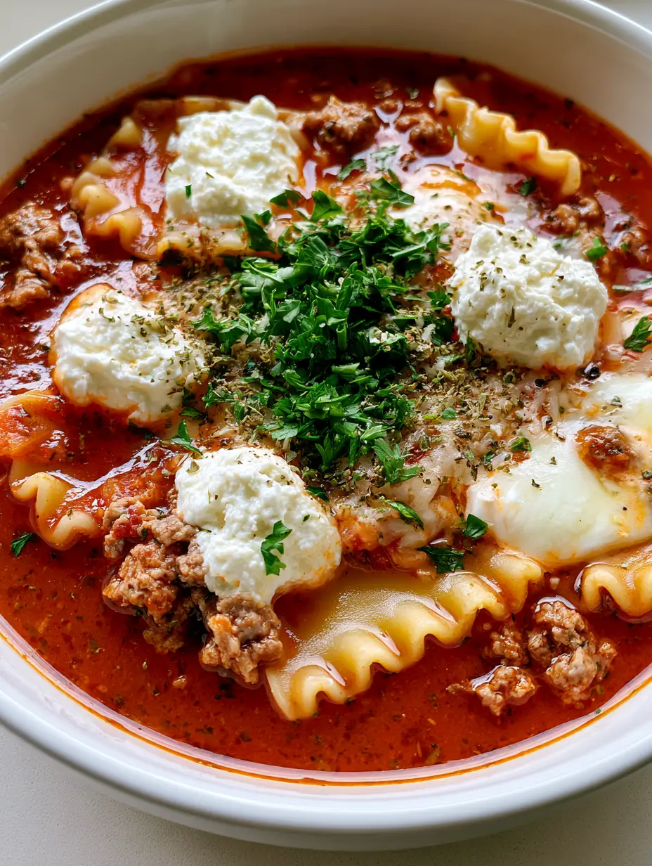 Close up of Easy Lasagna Soup showing browned beef crumbles and ruffled lasagna noodles in a thick red broth.
