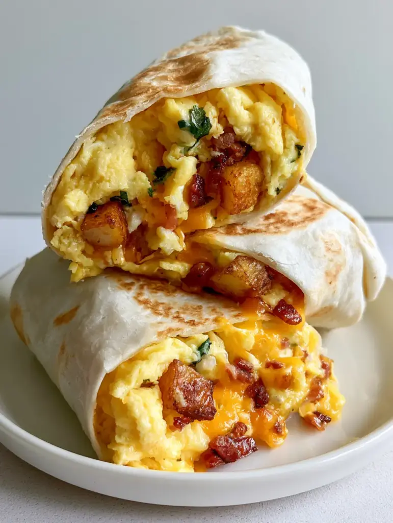 Freezer Breakfast Burritos: The Ultimate Make-Ahead Meal Prep Guide 1 Diagonal cross-section of a Freezer Breakfast Burrito revealing fluffy eggs with cilantro flecks and melted orange cheese.