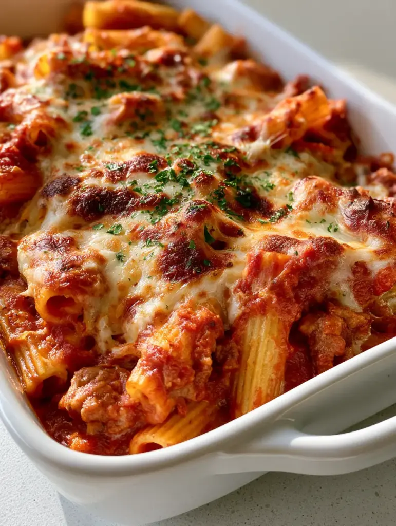 A side view of the Baked Ziti with Italian Sausage in a white ceramic dish, highlighting the golden-brown patches of cheese.