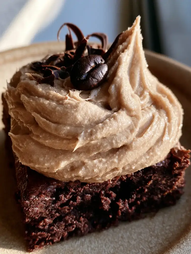 Mocha Frosting Brownies: The Ultimate Fudgy Espresso Dessert 1 Close up of whipped mocha buttercream ridges topped with a roasted espresso bean and dark chocolate curls on a brownie square.