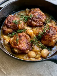 Close-up of seared chicken thighs in a glossy amber apple cider vinegar sauce with translucent onions. (Apple Cider Vinegar Braised Chicken)
