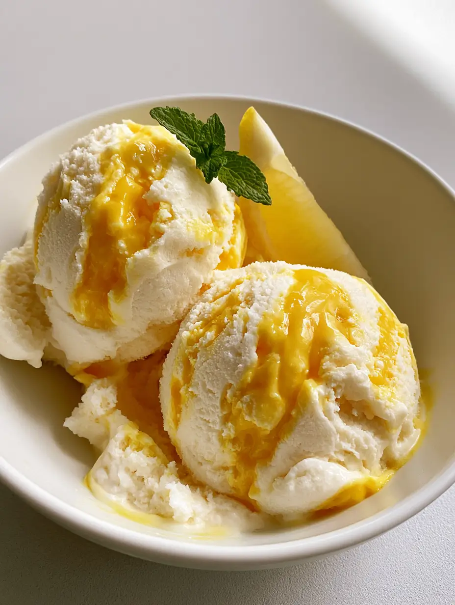 High-angle view of ivory Lemon Curd Ripple Ice Cream with glossy yellow marbling in a minimalist white ceramic bowl.