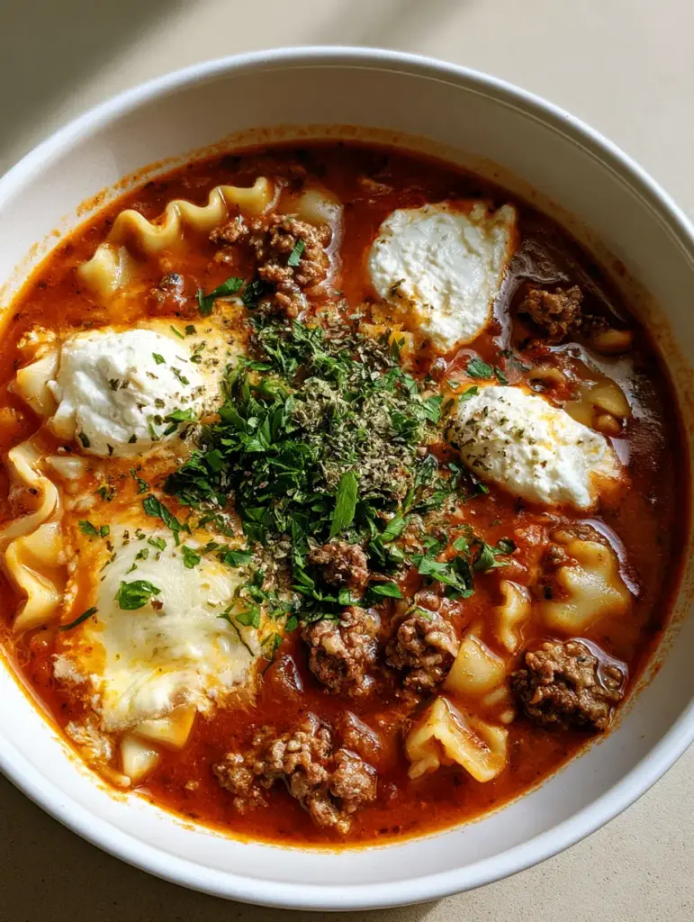 Top down view of Easy Lasagna Soup topped with three distinct dollops of creamy ricotta cheese and fresh parsley.