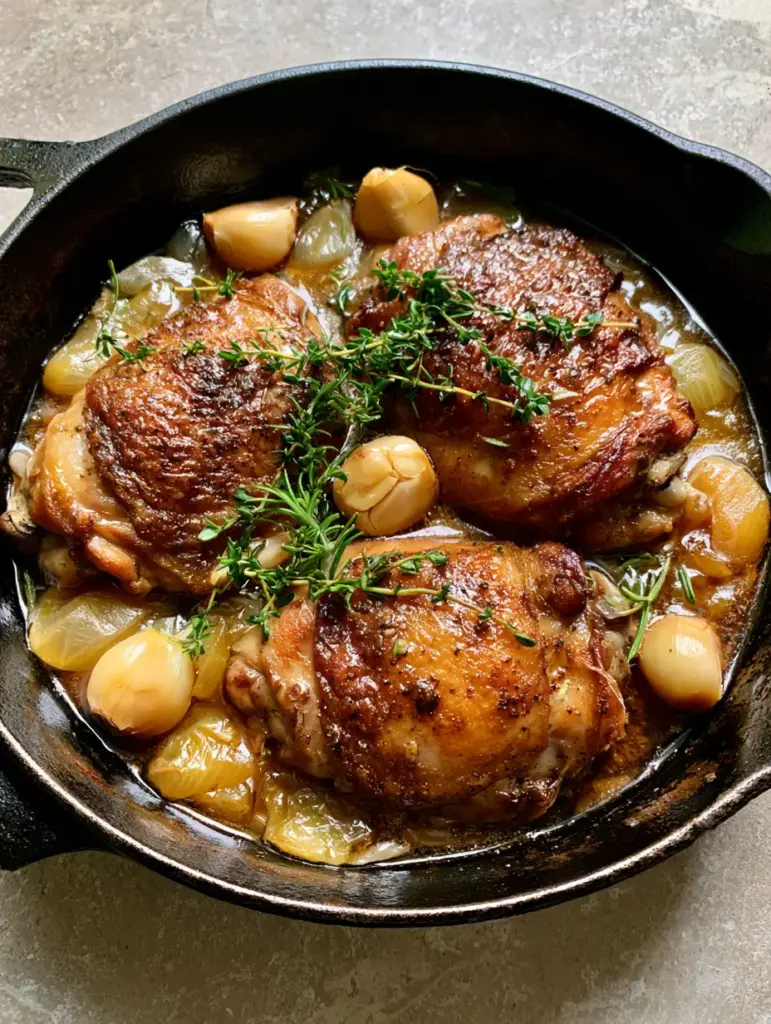 Authentic smartphone photo of Apple Cider Vinegar Braised Chicken in a cast iron pan with whole garlic cloves and fresh herbs.