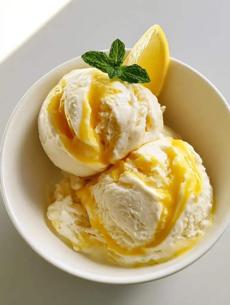 Close-up of marbled lemon ice cream showing the dense texture and slight melting edges against a white bowl.