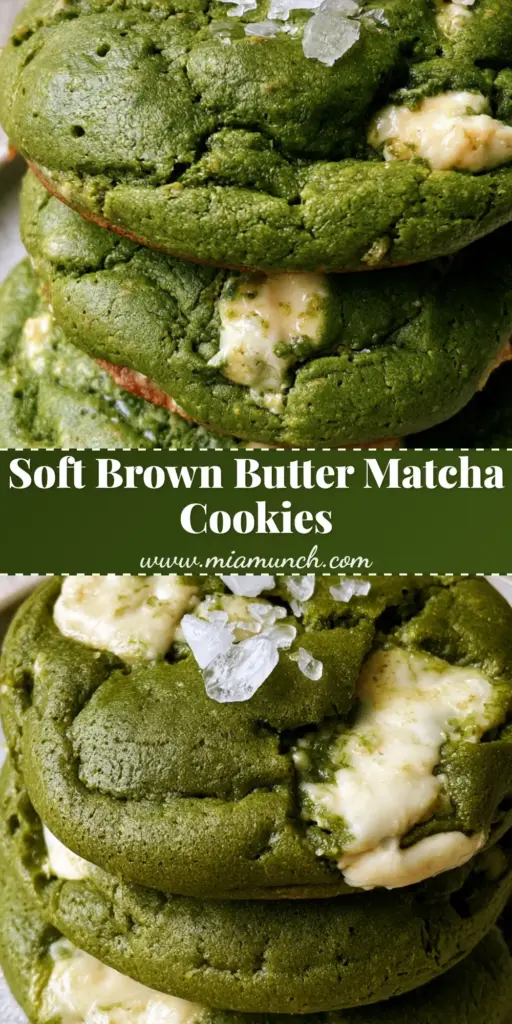 A stack of three thick Matcha White Chocolate Cookies with melted chunks and sea salt. (Matcha White Chocolate Cookies)