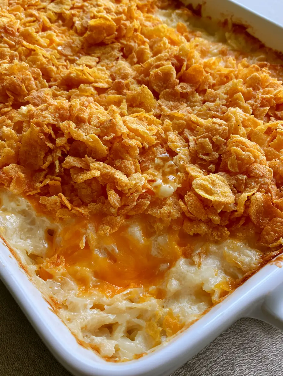 Top-down view of a golden-brown Hash Brown Casserole with melted butter visible on the crunchy cornflake crust.