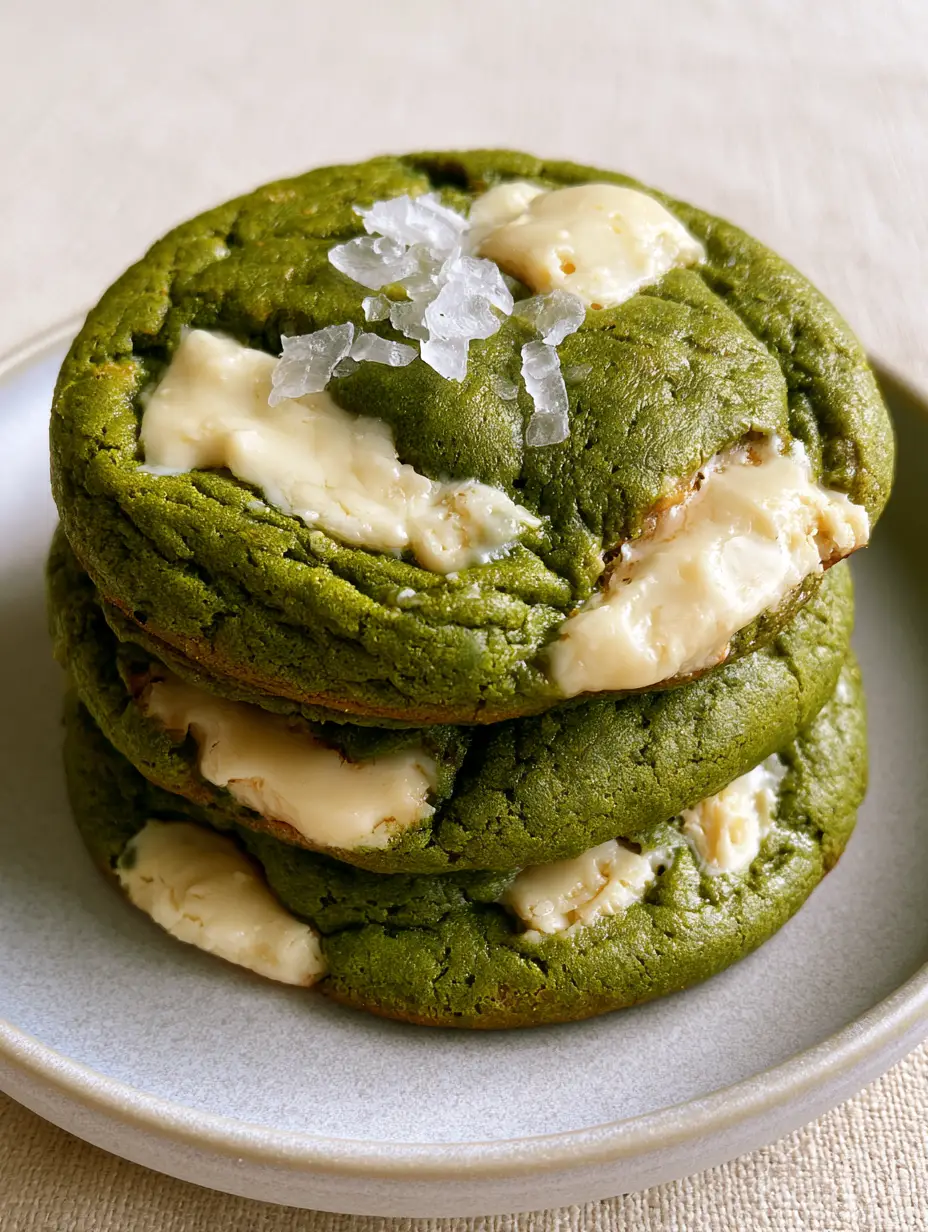 Close-up of vibrant forest green matcha cookie dough with pooling white chocolate. (Matcha White Chocolate Cookies)