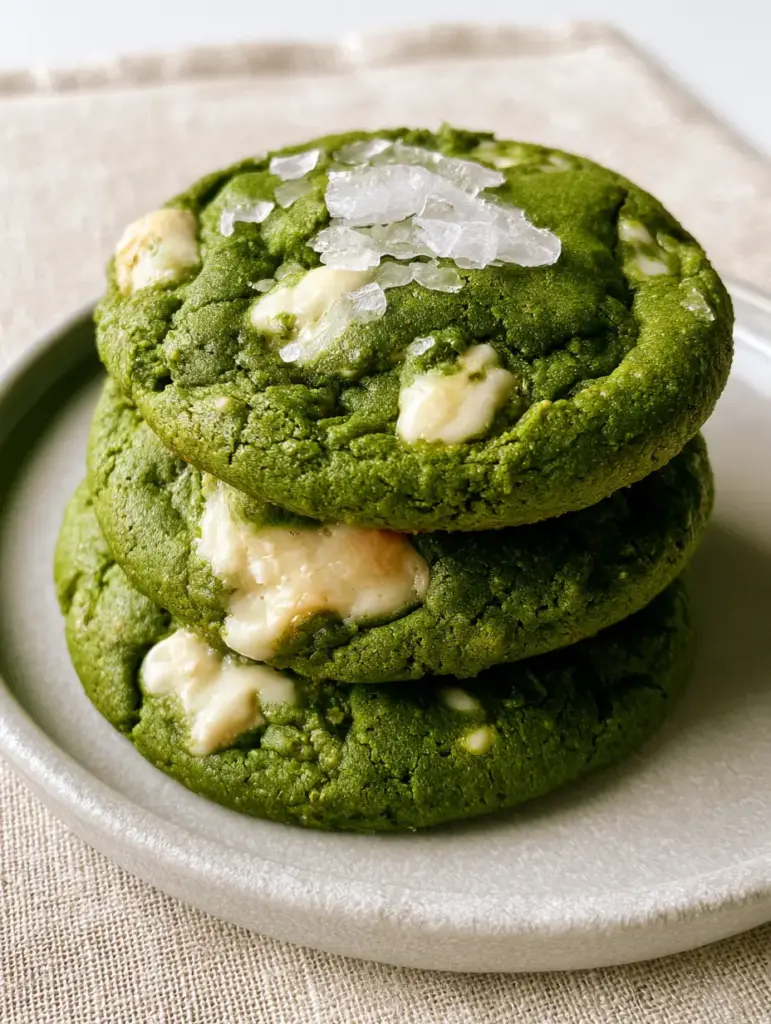 Overhead shot of soft-baked matcha cookies with a matte cracked surface and flaky salt crystals.