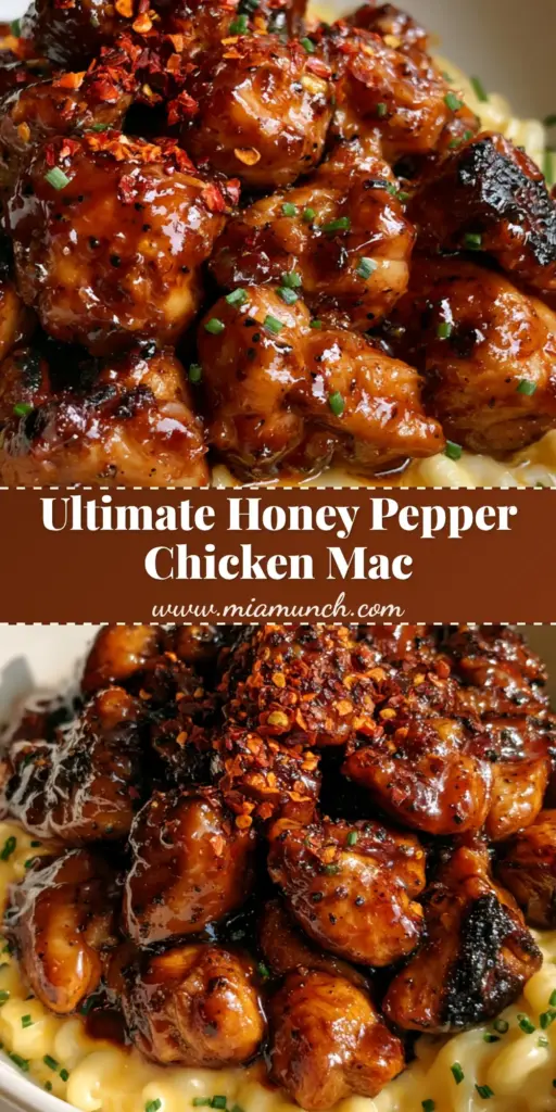 Honey Pepper Chicken Mac and Cheese (Sweet & Spicy) 3 A close-up of Honey Pepper Chicken bites with charred edges and a glossy glaze over creamy macaroni and cheese.