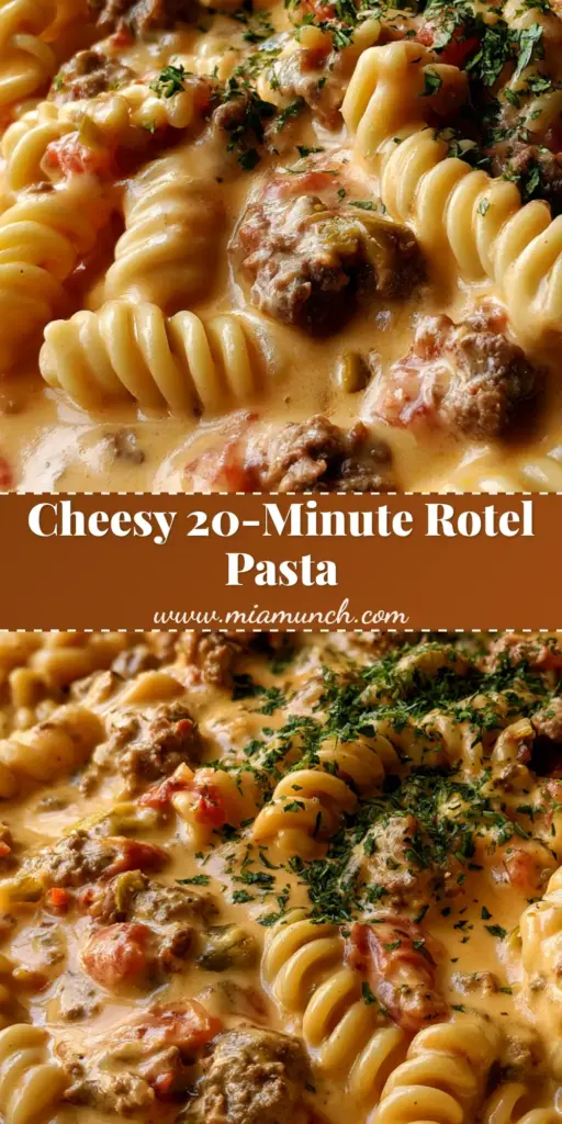 A top-down view of a creamy Rotel Pasta Recipe with rotini, ground beef, and a cilantro garnish in a white bowl.