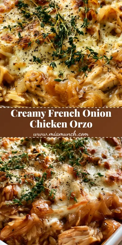 French Onion Chicken Orzo: The Ultimate One-Pan Comfort Meal 4 A bubbling French Onion Chicken Orzo casserole in a square white dish with melted Gruyere and fresh thyme. (French Onion Chicken Orzo)