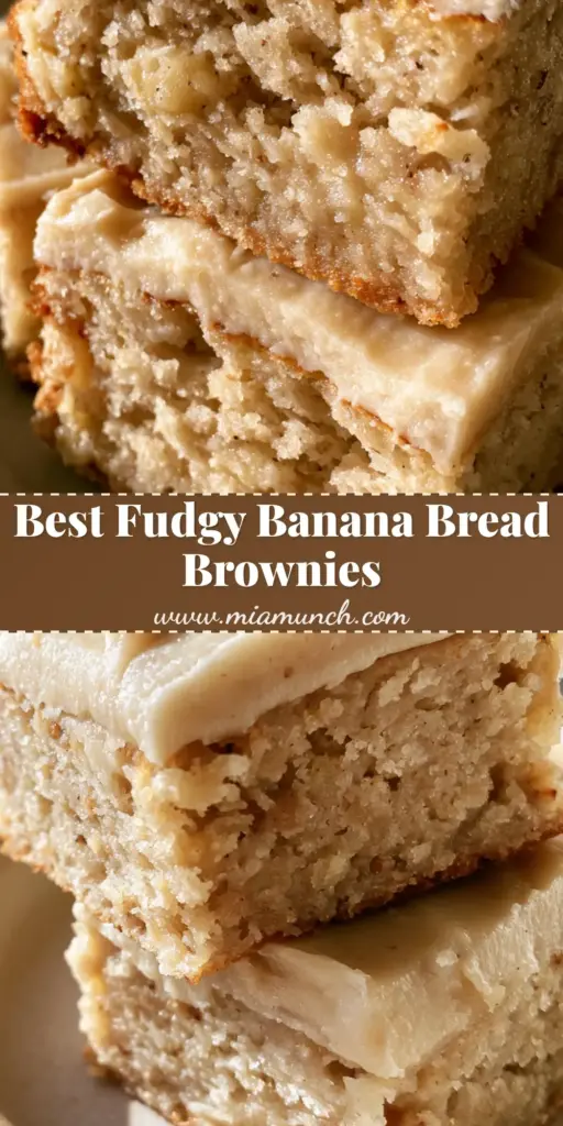 A stack of thick, square-cut Banana Bread Brownies with a dense cake base and pale beige brown sugar frosting on a neutral plate.