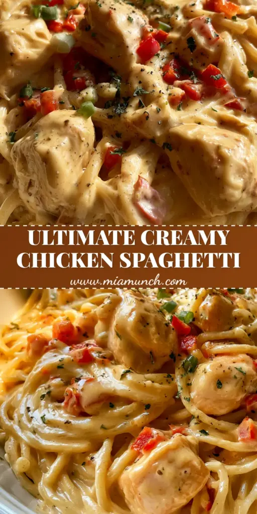 Creamy Chicken Spaghetti: The Ultimate Velvety Comfort Pasta 3 A shallow white bowl overflowing with glossy Creamy Chicken Spaghetti, topped with green onions and cracked black pepper.