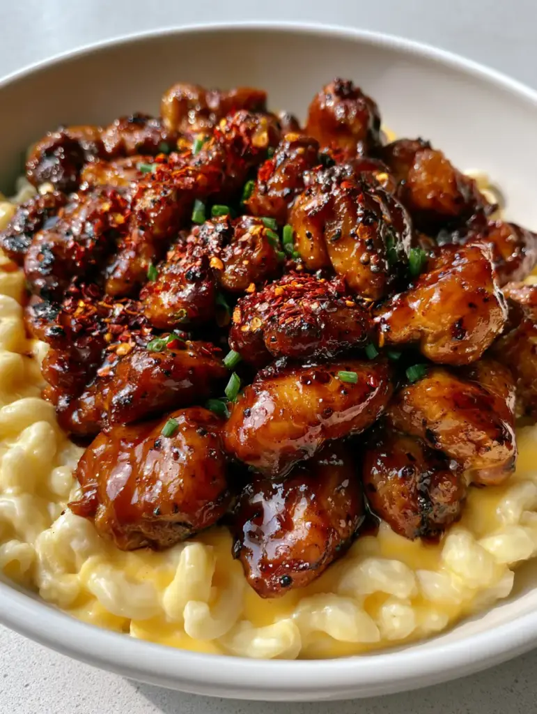 Honey Pepper Chicken Mac and Cheese (Sweet & Spicy) 2 A handheld smartphone photo of a white ceramic bowl containing Honey Pepper Chicken with red chili flakes and chives.