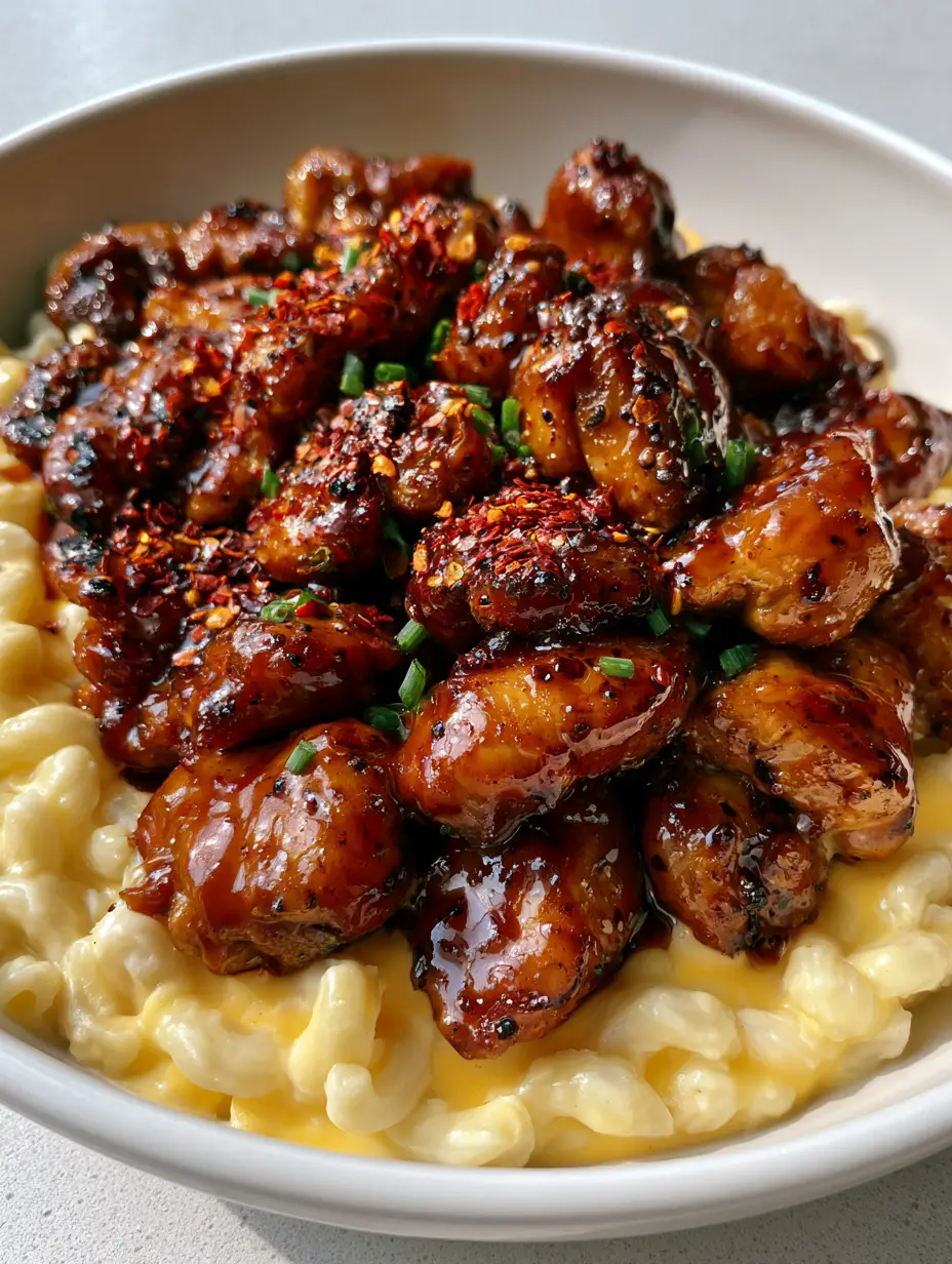Honey Pepper Chicken Mac and Cheese (Sweet & Spicy) 4 A handheld smartphone photo of a white ceramic bowl containing Honey Pepper Chicken with red chili flakes and chives.