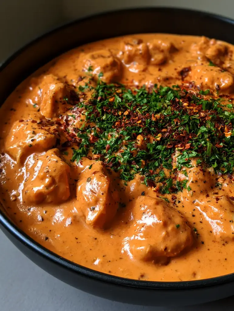 Crockpot Cajun Butter Chicken with Creamy Garlic Sauce 2 Close up shot of tender white meat chicken chunks in a velvety orange Cajun sauce garnished with pepper and herbs. (Crockpot Cajun Butter Chicken)