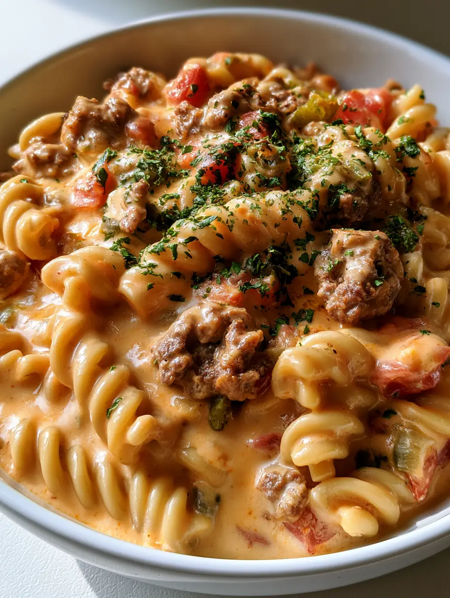 Close up of al dente rotini spirals coated in pale orange cheese sauce. (Rotel Pasta Recipe)