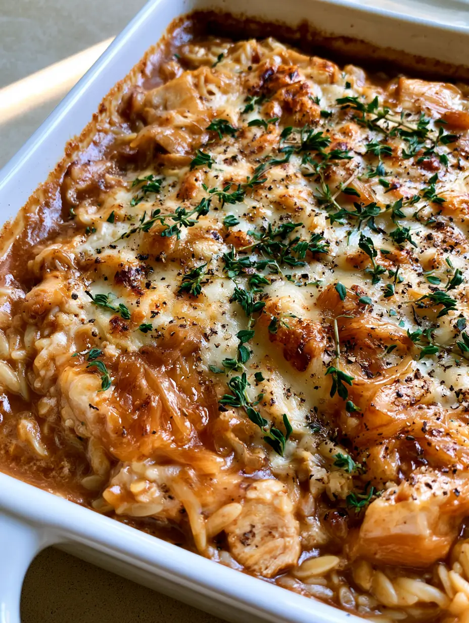 French Onion Chicken Orzo: The Ultimate One-Pan Comfort Meal 3 Close-up of glossy brown onion gravy and tender orzo with toasted cheese spots. (French Onion Chicken Orzo)