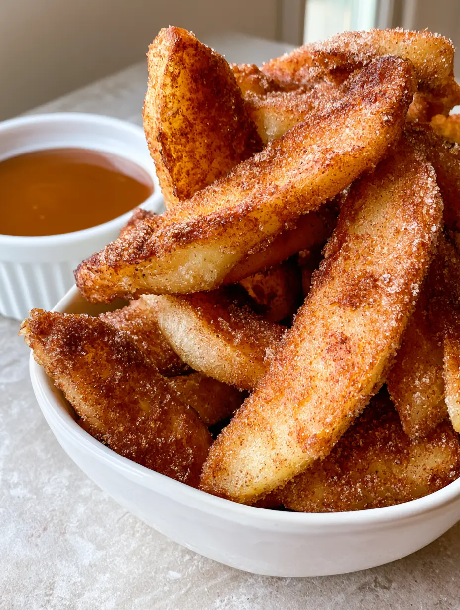 Handheld photo of Air Fryer Apple Fries in a white bowl showing the grainy cinnamon sugar texture.