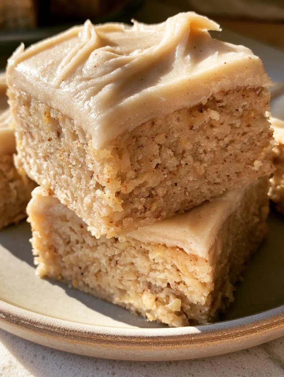 Close-up of Banana Bread Brownies showing the moist crumb and visible banana specks with matte frosting.