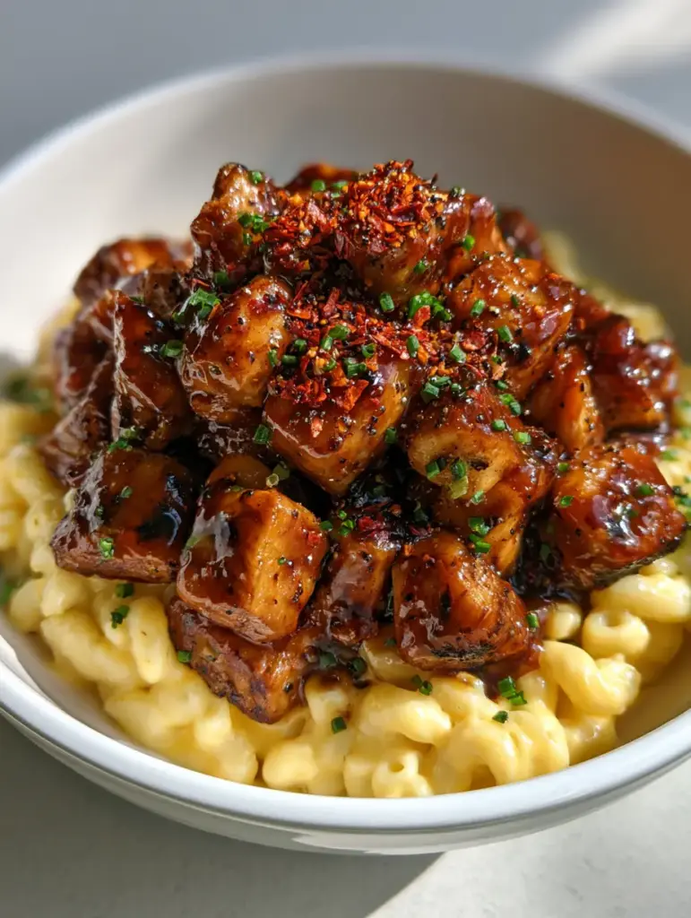 Honey Pepper Chicken Mac and Cheese (Sweet & Spicy) 1 Creamy elbow macaroni and cheese topped with dark amber glazed Honey Pepper Chicken bites.
