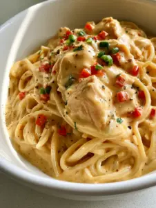 Overhead shot of Creamy Chicken Spaghetti showing large chunks of chicken and vibrant red bell peppers in a golden sauce.
