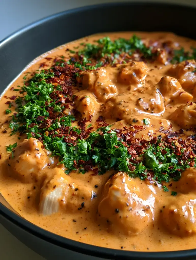 Crockpot Cajun Butter Chicken with Creamy Garlic Sauce 1 Overhead view of a black bowl filled with Creamy Crockpot Cajun Butter Chicken showing red pepper flakes and parsley.