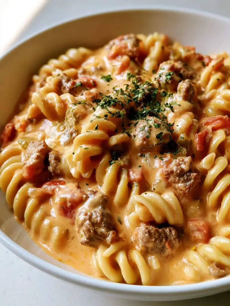 A shallow ceramic bowl of Rotel Pasta Recipe featuring browned beef and diced green chilies.